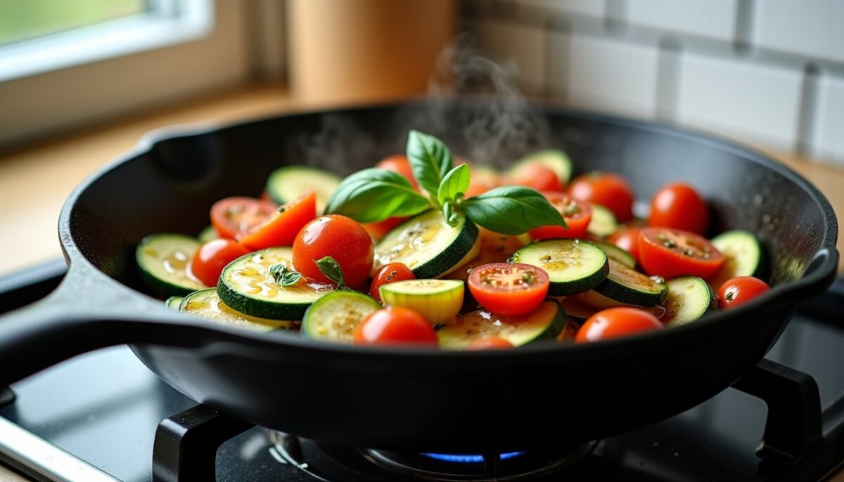 Poêlée fondante de courgettes et tomates à l’ail : recette rapide et savoureuse en 25 minutes