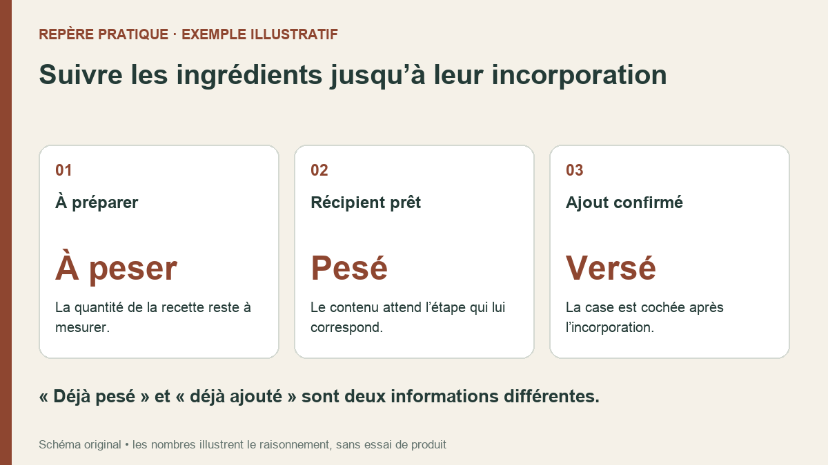 Trois états sur la fiche du cake : quantité à peser, ingrédient pesé en attente et ingrédient incorporé.