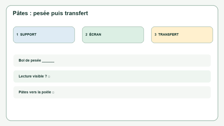 Schéma avant cuisson : vérifier support et écran, peser dans un récipient approprié puis cocher le transfert vers la poêle.