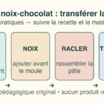 Schéma d’une pâte à cake avec blancs incorporés et noix, guidée du bol vers le moule.