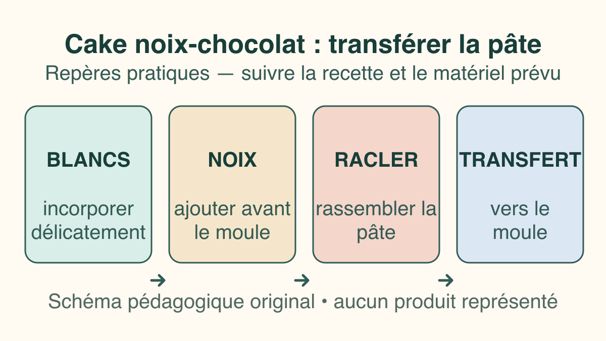 Schéma d’une pâte à cake avec blancs incorporés et noix, guidée du bol vers le moule.