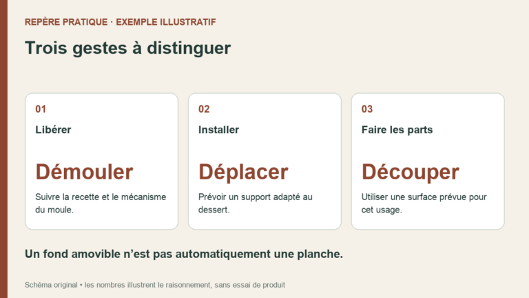 Schéma séparant démoulage, déplacement et découpe sur un support approprié.